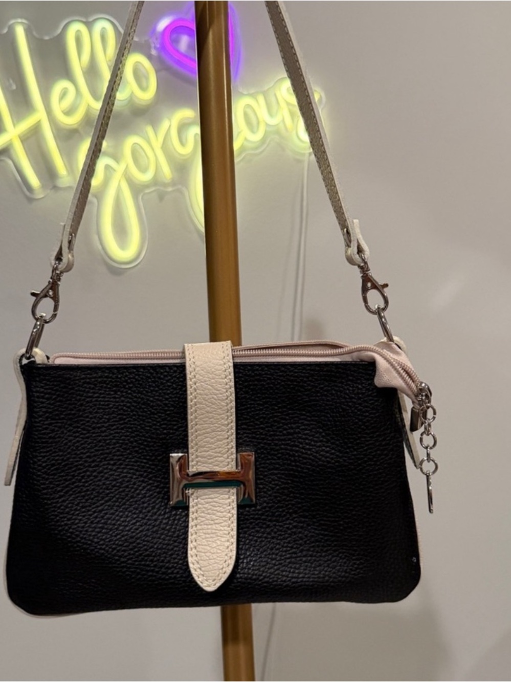 H Chic Black and Cream Crossbody Shoulder Bag
